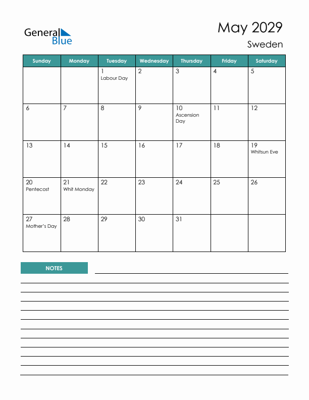 Calendar with Notes Printable - Sunday Start