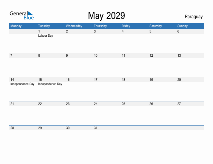 Fillable May 2029 Calendar