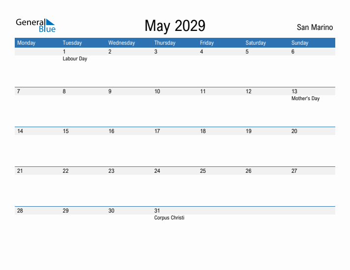 Fillable May 2029 Calendar