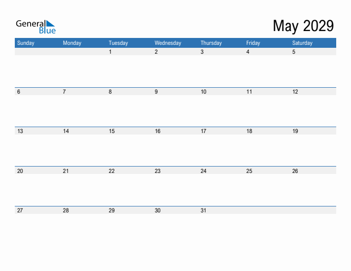 Fillable Calendar for May 2029