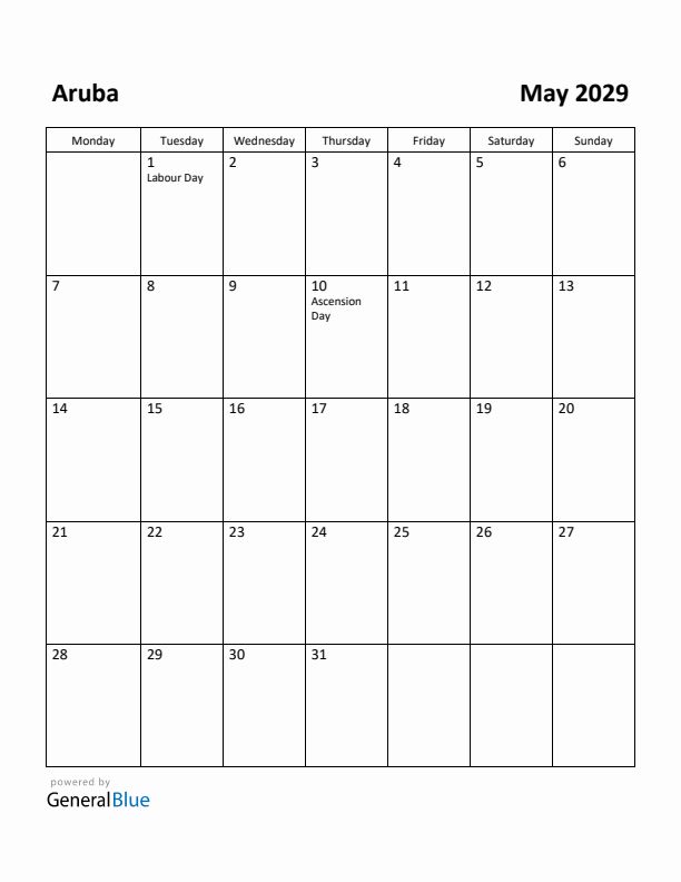 May 2029 Calendar with Aruba Holidays