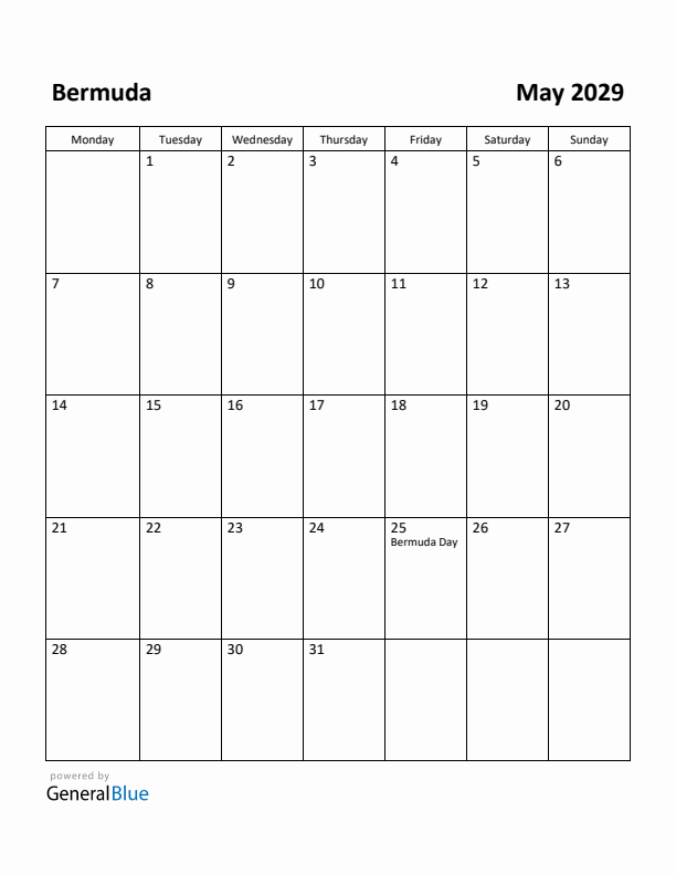 May 2029 Calendar with Bermuda Holidays