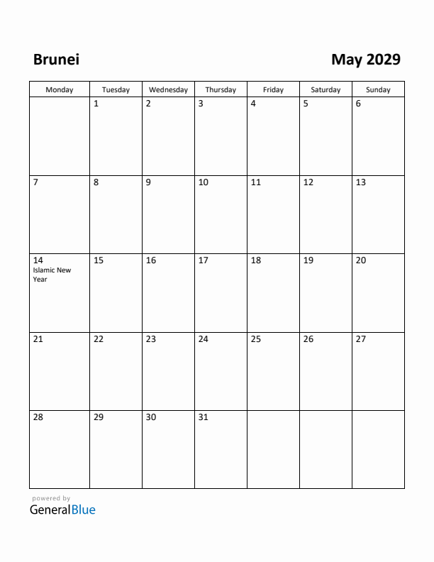 May 2029 Calendar with Brunei Holidays