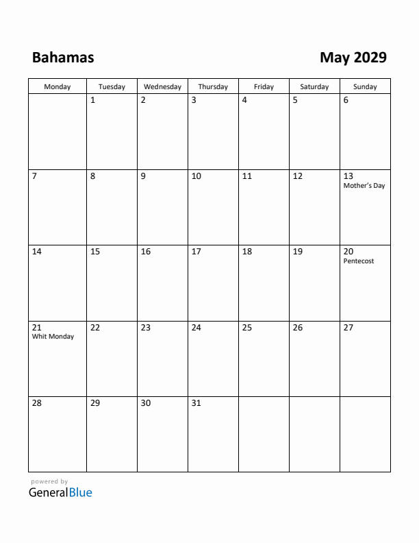 May 2029 Calendar with Bahamas Holidays