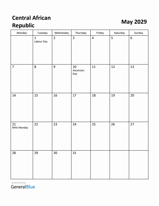 May 2029 Calendar with Central African Republic Holidays