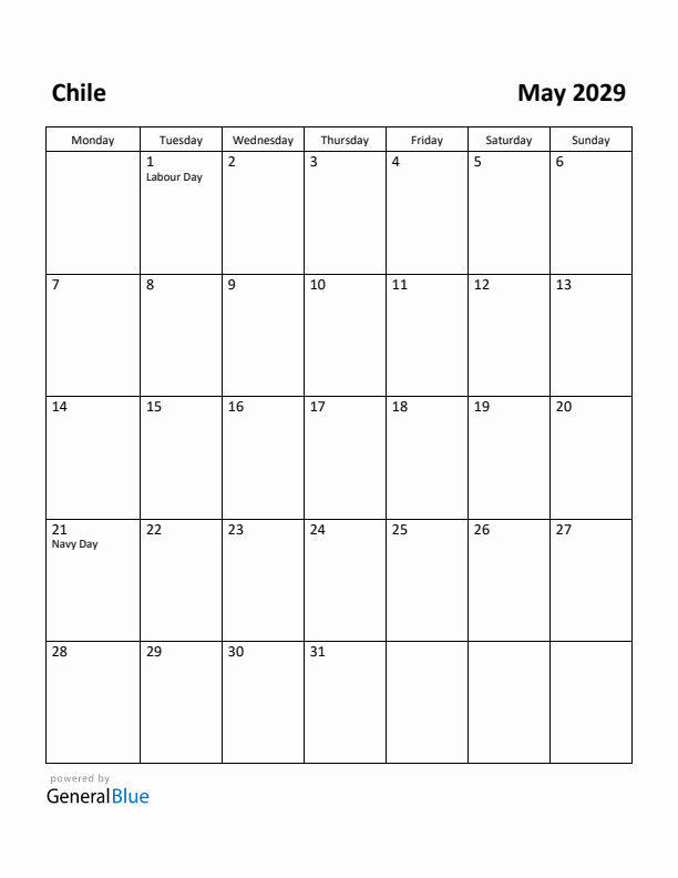 May 2029 Calendar with Chile Holidays