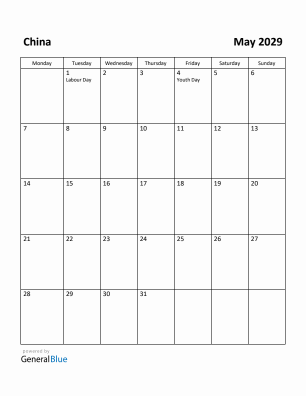 May 2029 Calendar with China Holidays