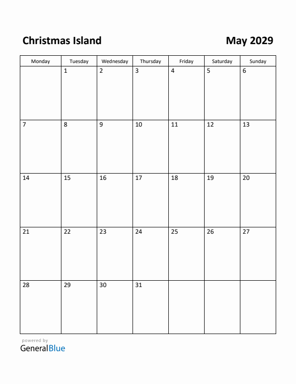 May 2029 Calendar with Christmas Island Holidays