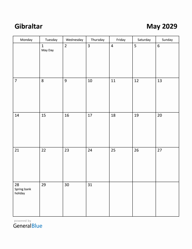 May 2029 Calendar with Gibraltar Holidays