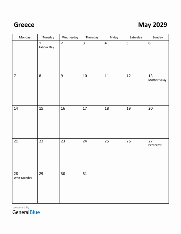 May 2029 Calendar with Greece Holidays