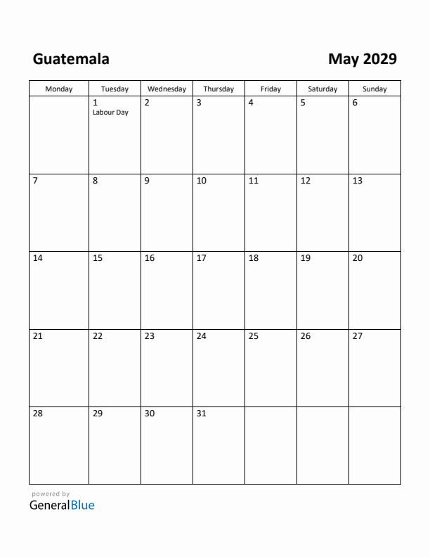 May 2029 Calendar with Guatemala Holidays