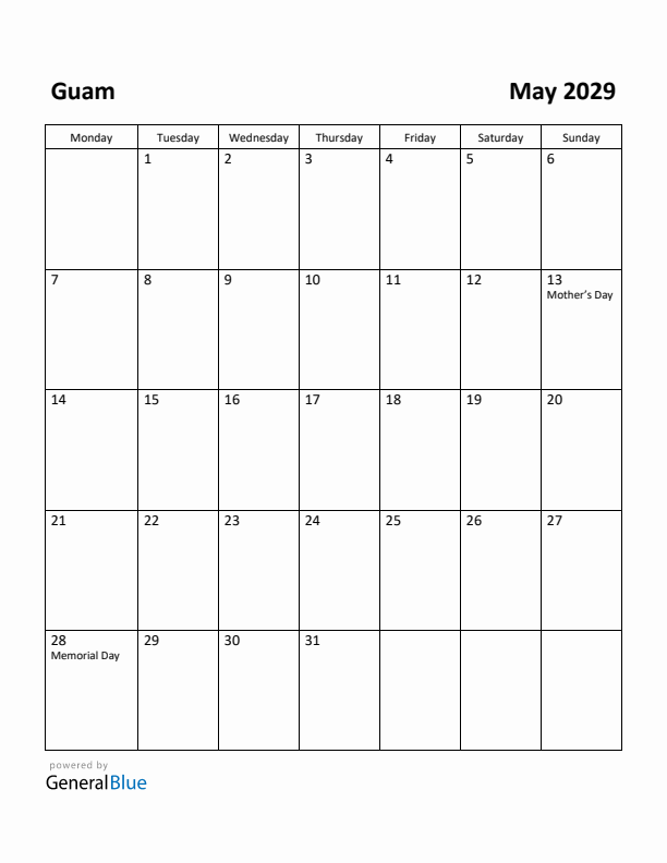 May 2029 Calendar with Guam Holidays