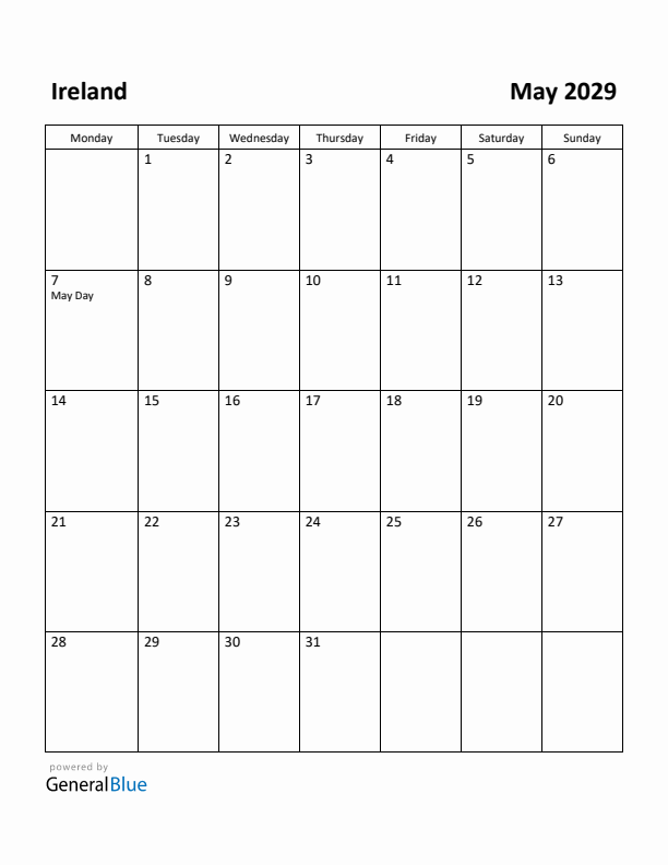 May 2029 Calendar with Ireland Holidays