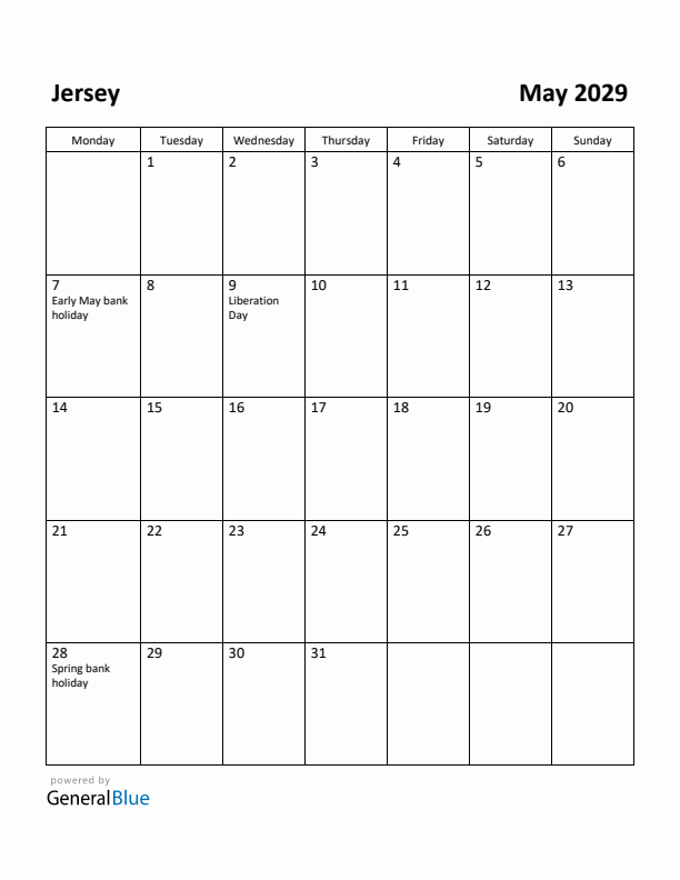 May 2029 Calendar with Jersey Holidays