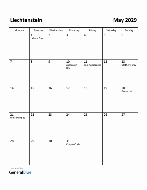 May 2029 Calendar with Liechtenstein Holidays