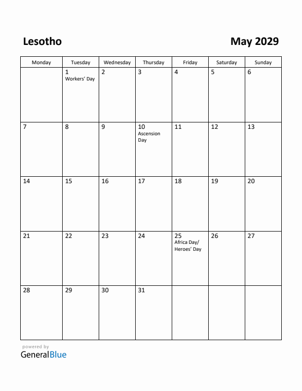 May 2029 Calendar with Lesotho Holidays