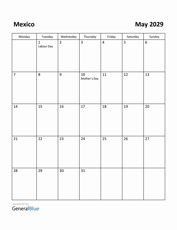 May 2029 Calendar with Mexico Holidays