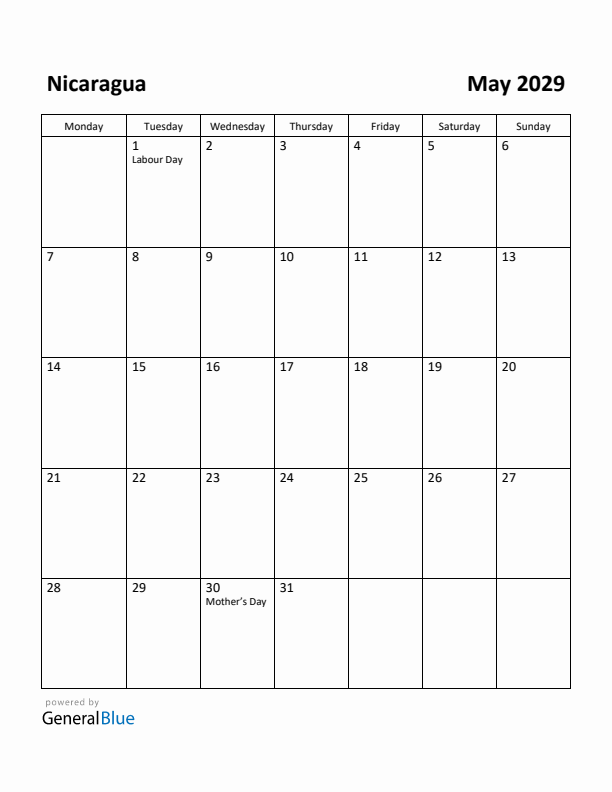 May 2029 Calendar with Nicaragua Holidays