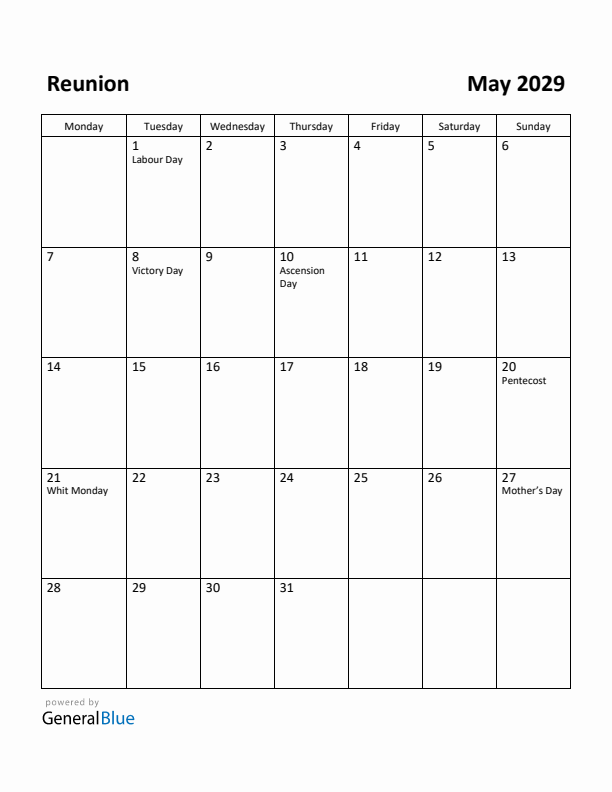 May 2029 Calendar with Reunion Holidays