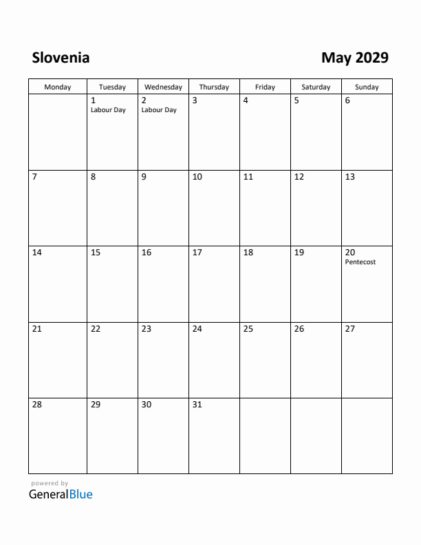 May 2029 Calendar with Slovenia Holidays