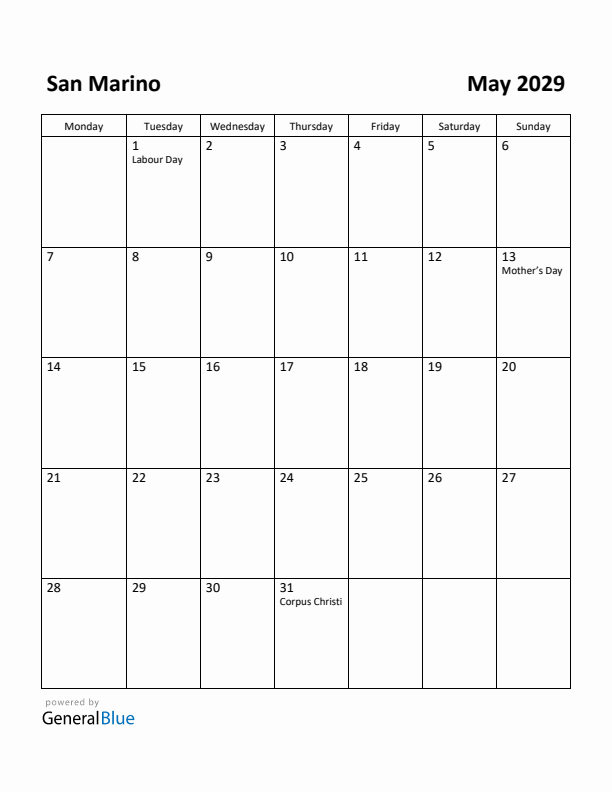 May 2029 Calendar with San Marino Holidays