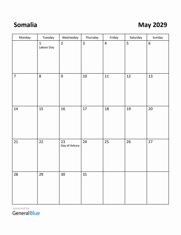 May 2029 Calendar with Somalia Holidays