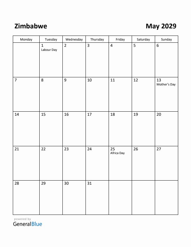 May 2029 Calendar with Zimbabwe Holidays