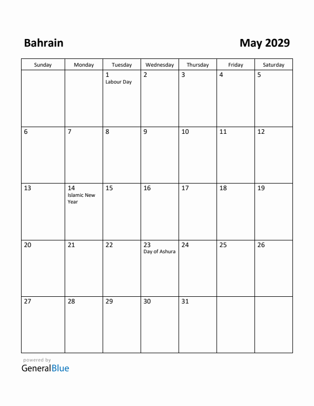 May 2029 Calendar with Bahrain Holidays