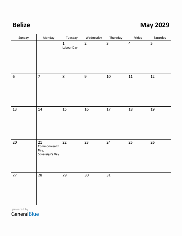 May 2029 Calendar with Belize Holidays