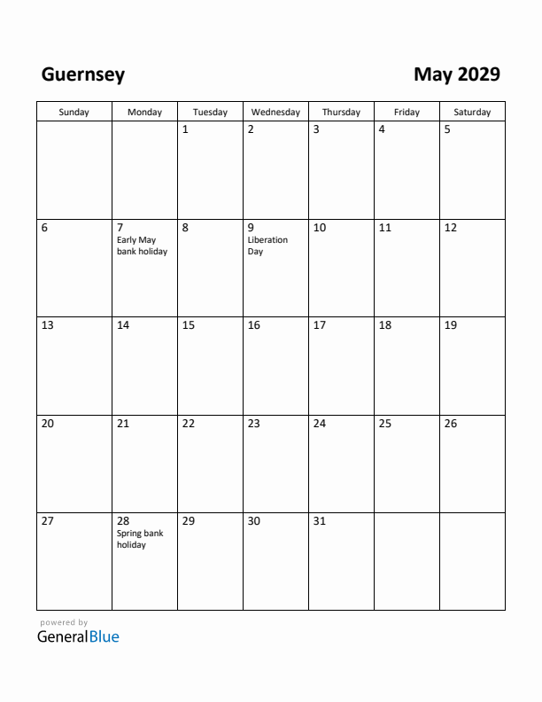 May 2029 Calendar with Guernsey Holidays