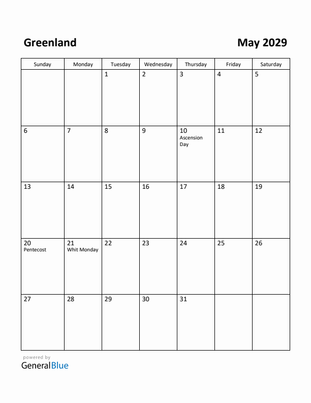 May 2029 Calendar with Greenland Holidays