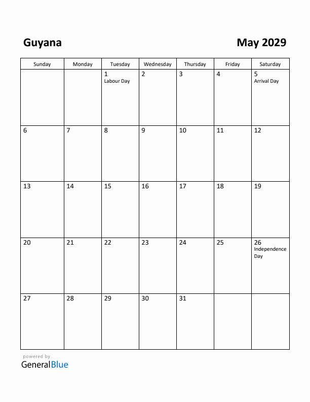 May 2029 Calendar with Guyana Holidays