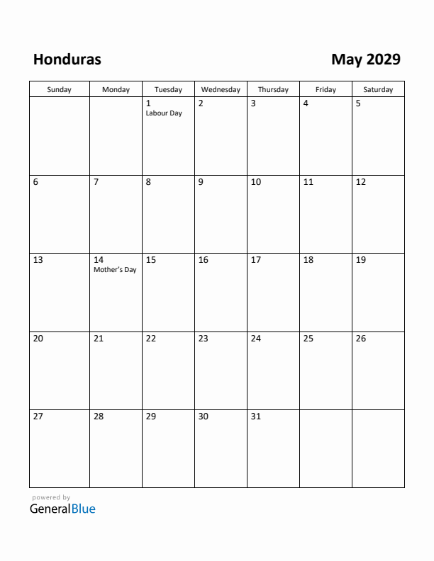 May 2029 Calendar with Honduras Holidays