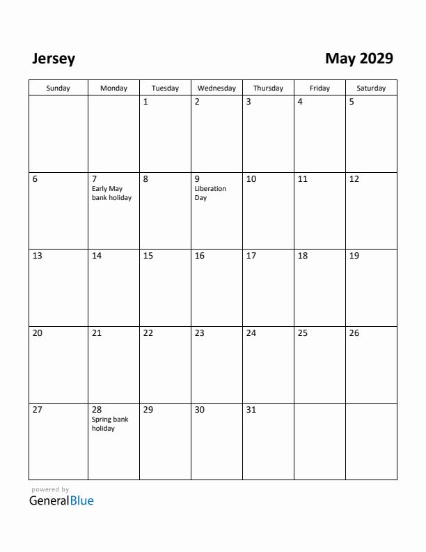 May 2029 Calendar with Jersey Holidays