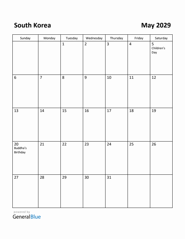 May 2029 Calendar with South Korea Holidays