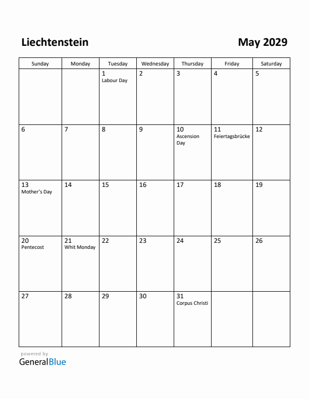 May 2029 Calendar with Liechtenstein Holidays