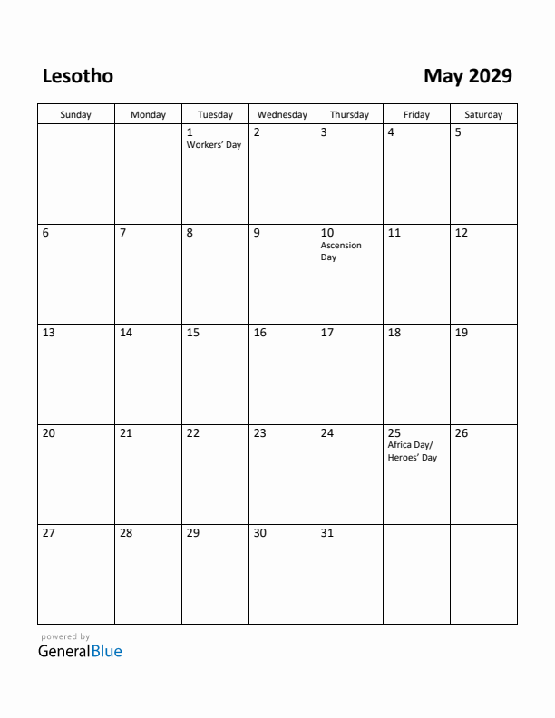 May 2029 Calendar with Lesotho Holidays