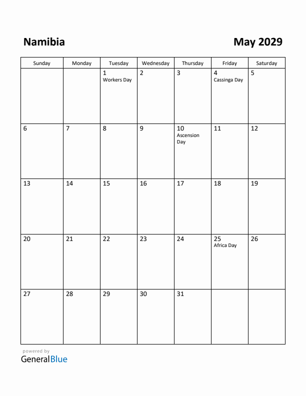 May 2029 Calendar with Namibia Holidays