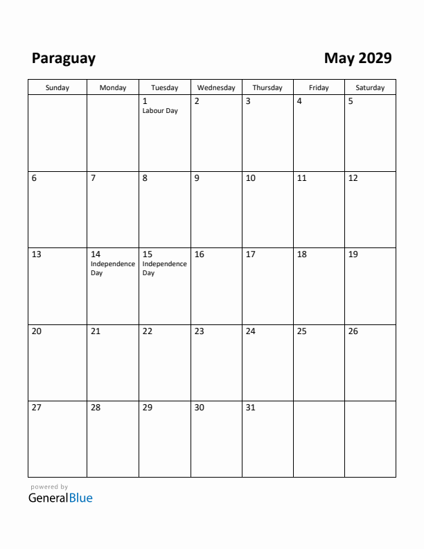 May 2029 Calendar with Paraguay Holidays