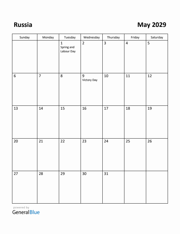 May 2029 Calendar with Russia Holidays