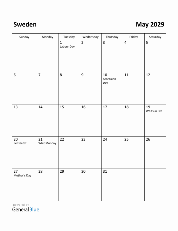 May 2029 Calendar with Sweden Holidays