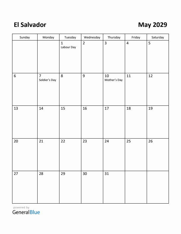 May 2029 Calendar with El Salvador Holidays