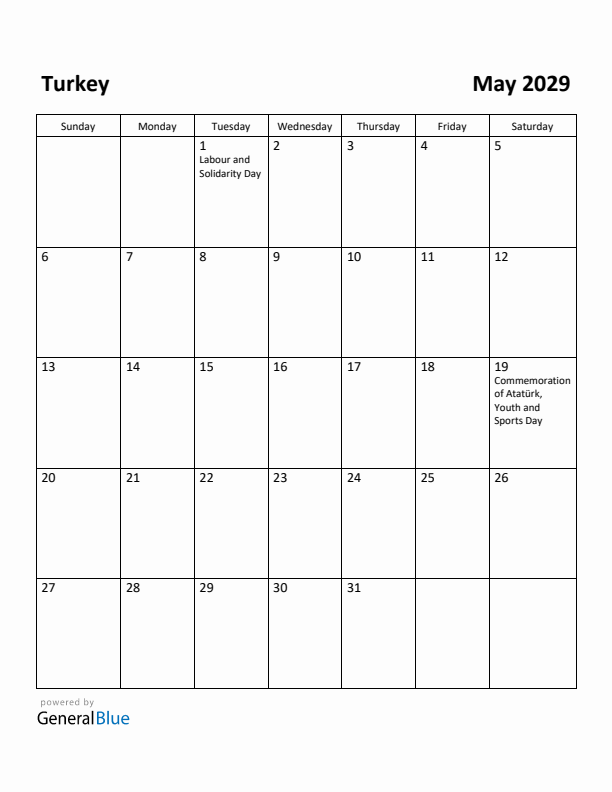 May 2029 Calendar with Turkey Holidays