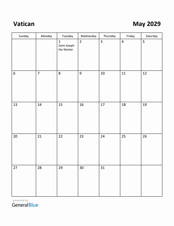 May 2029 Calendar with Vatican Holidays