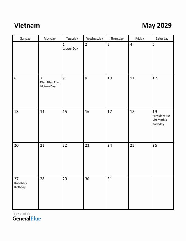 May 2029 Calendar with Vietnam Holidays