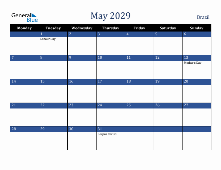 May 2029 Brazil Calendar (Monday Start)