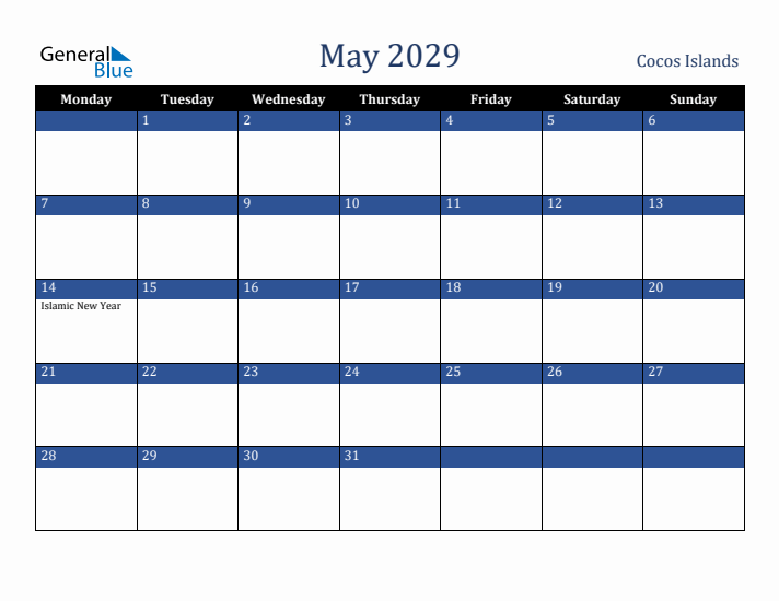 May 2029 Cocos Islands Calendar (Monday Start)