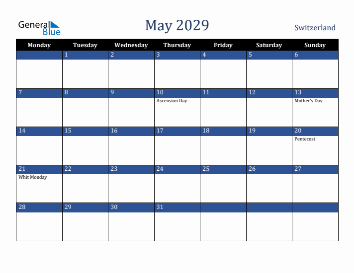 May 2029 Switzerland Calendar (Monday Start)