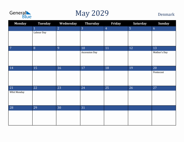 May 2029 Denmark Calendar (Monday Start)