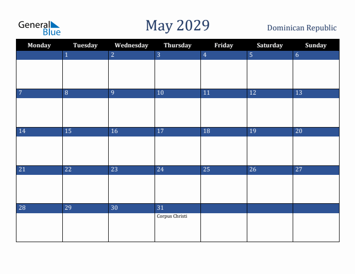 May 2029 Dominican Republic Calendar (Monday Start)